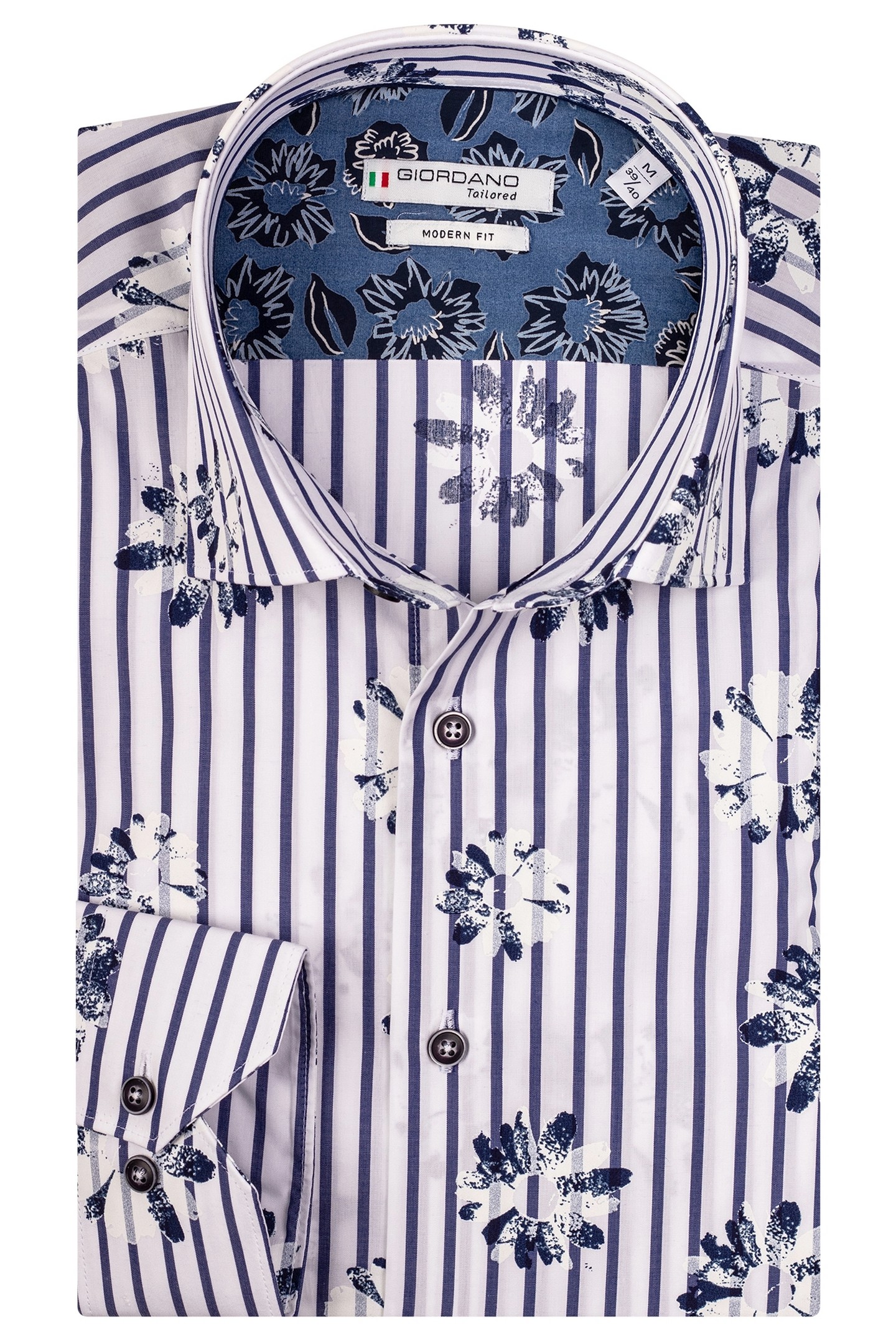 Giordano Maggiore Cutaway Floral Stripe Poplin Shirt White-Navy